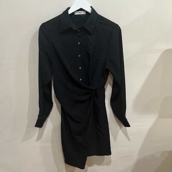 Women’s Mango Knot Detail Button Down Shirt Dress Size Medium 6 Black - Picture 4 of 8